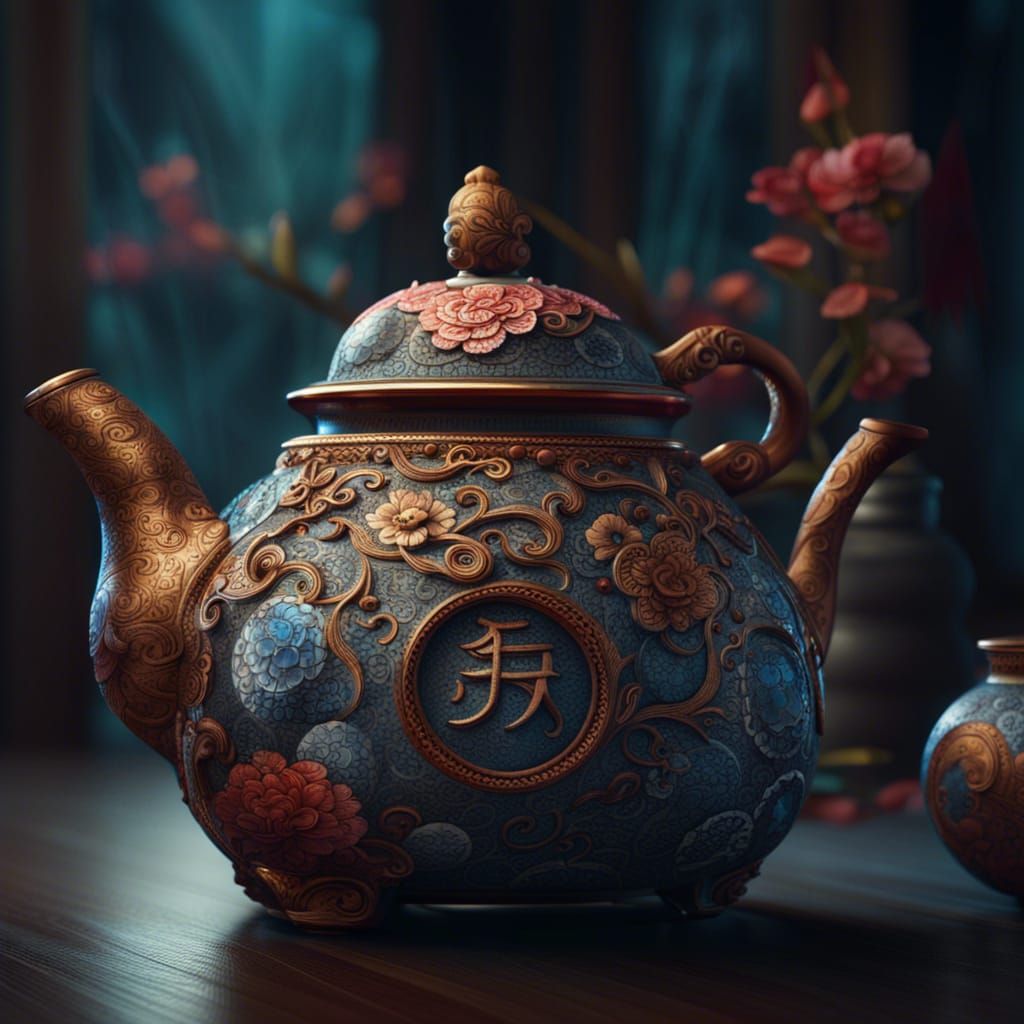 Ornate Chinese Teapot in Tea House: Photorealistic Art