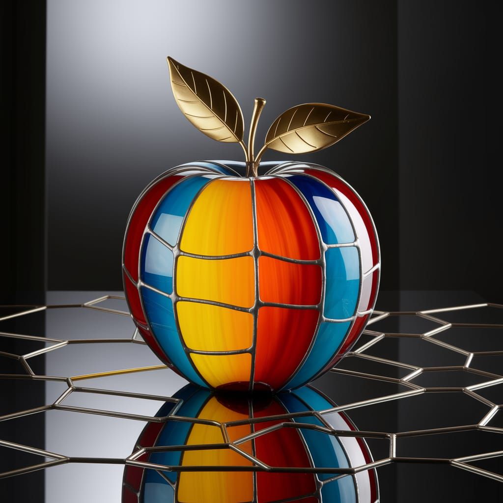 Stained Glass Masterpiece: Golden Apple on Dark Surface