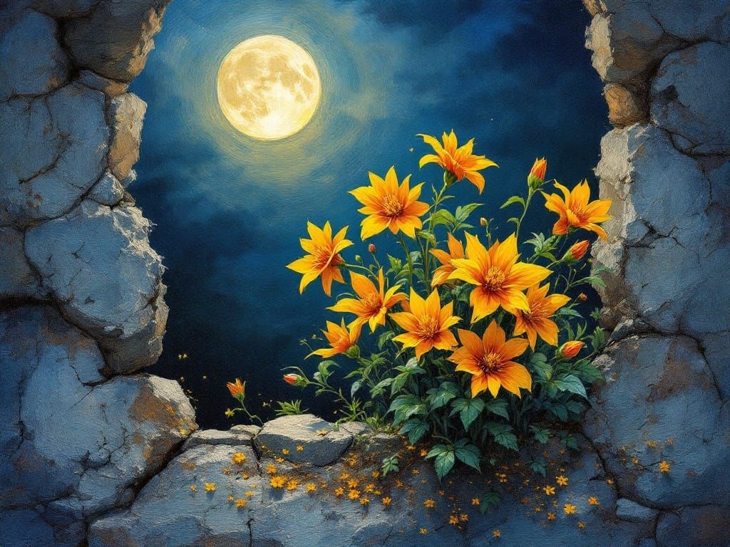 Vibrant Yellow Orange Red Flowers Bloom from Crumbling Stone...