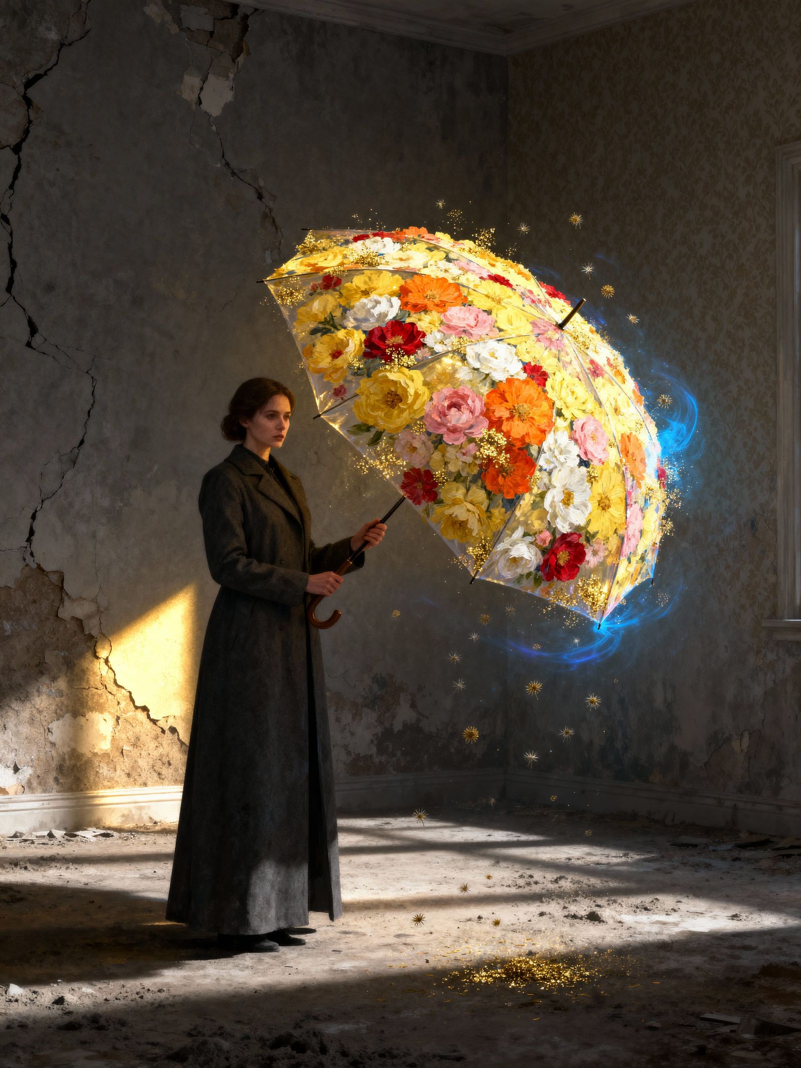 Woman Holds Vibrant Floral Umbrella in Dim Room