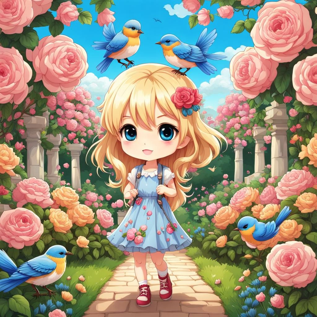 Cheerful Chibi Girl in Rose Garden, Anime Style