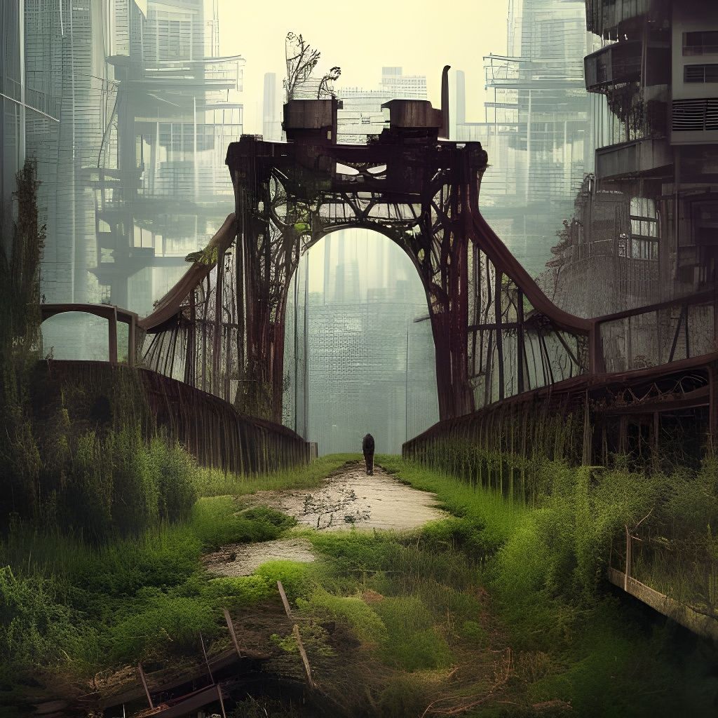 Overgrown Dystopian Brooklyn Bridge: Detailed Matte Painting