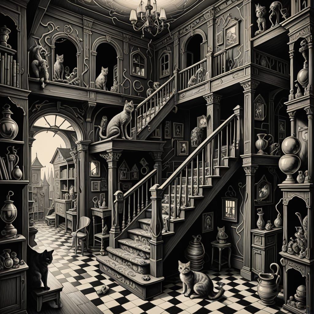 Surreal Pencil Sketch of Cat in Mirrored Dollhouse Maze