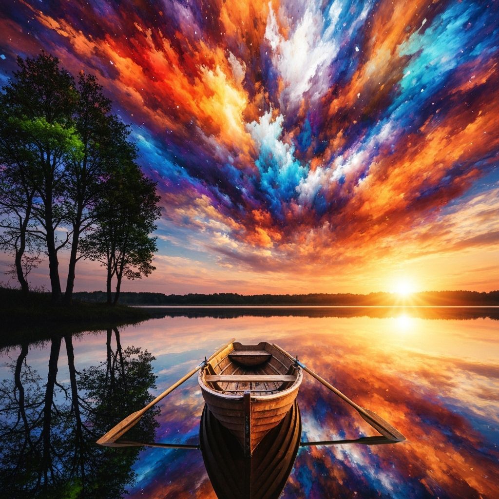 Dreamlike Landscape with Reflecting Lake and Fiery Sky