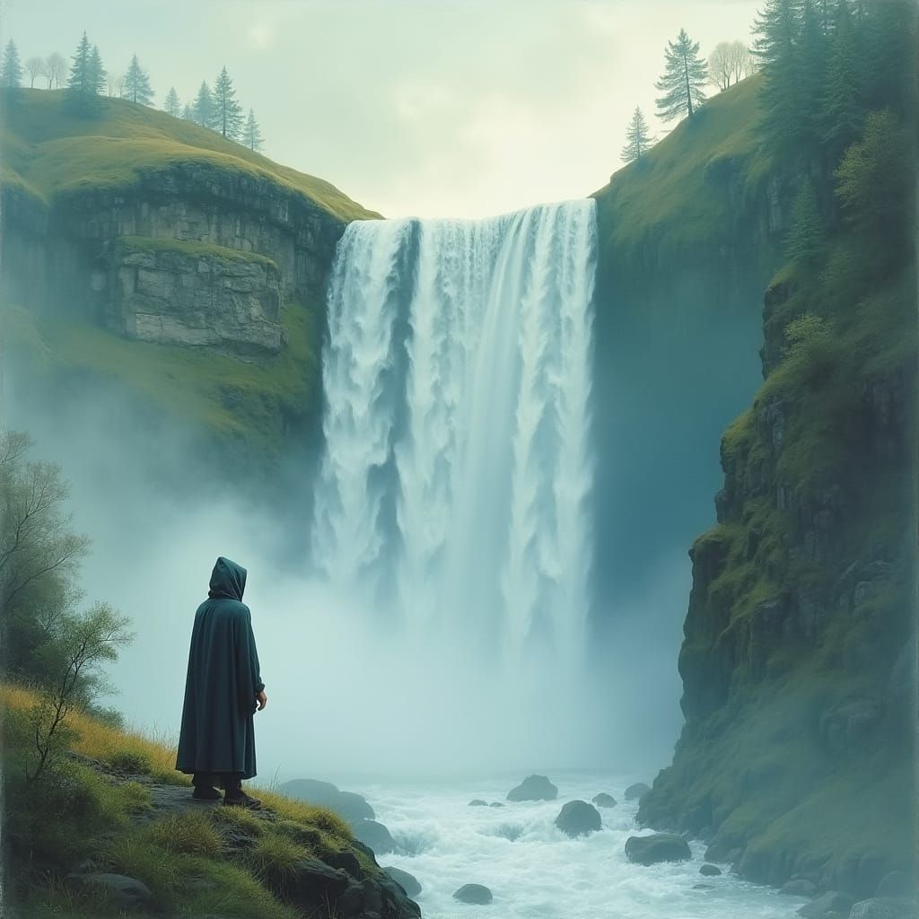 Hooded Figure at Waterfall in Watercolor Style