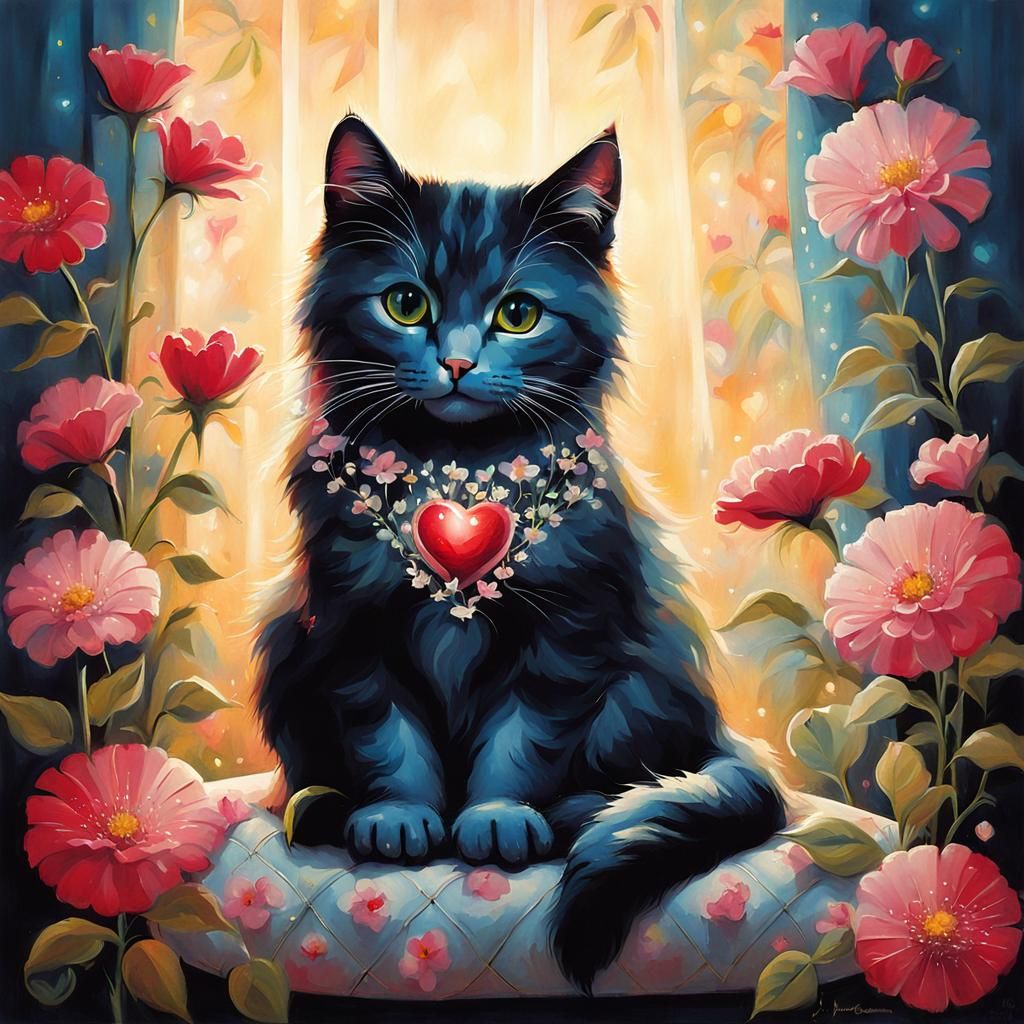 Cute Cat Surrounded by Flowers in Mid-Century Style