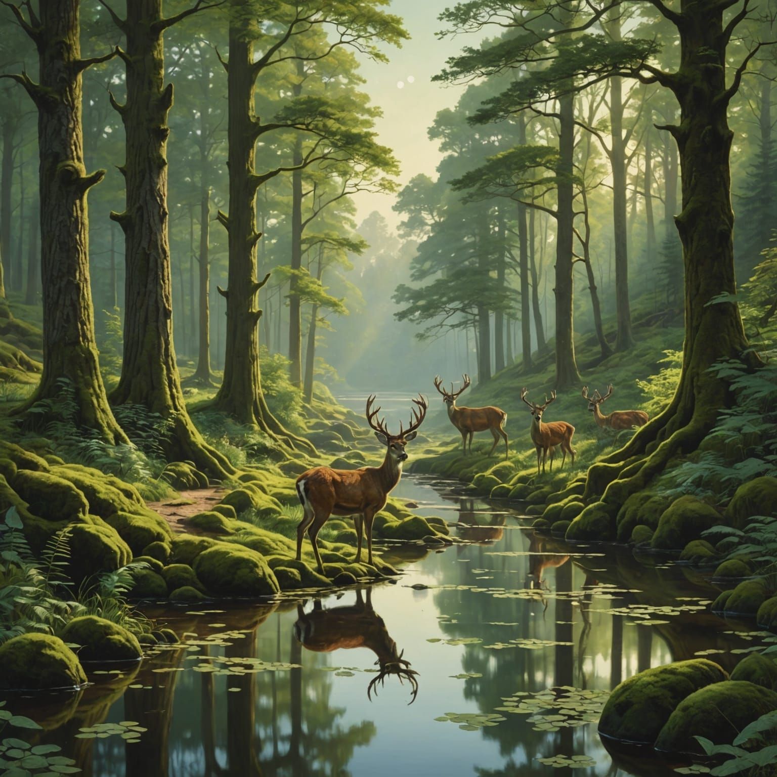 Lush Forest with Deer in Gouache Watercolor Style