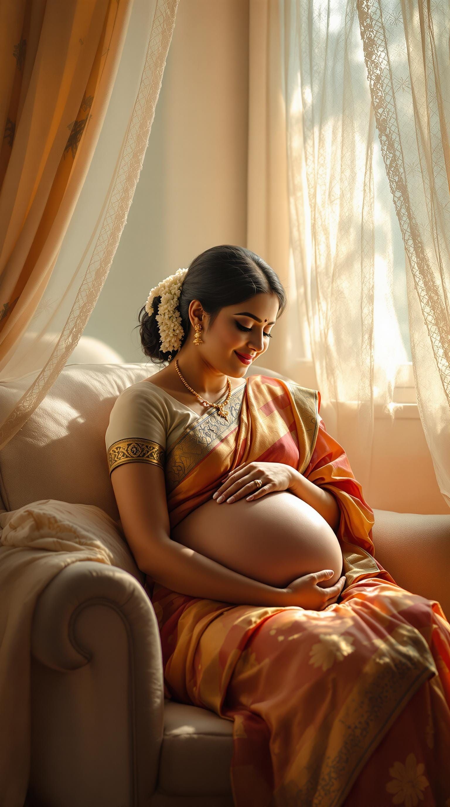 Serene Tamil Mother Tenderly Holding Baby Bump with Loving S...