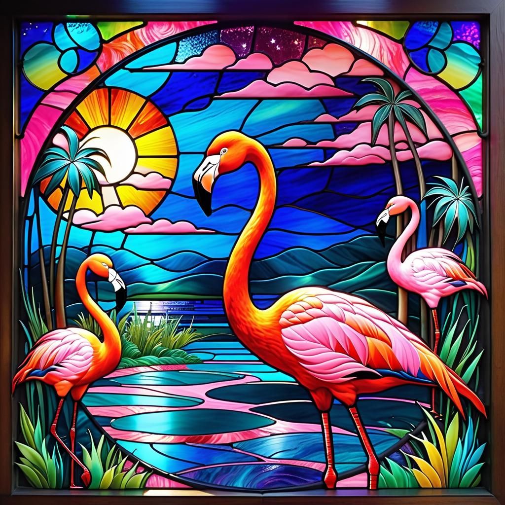 Flamingos in Stained Glass Surreal Dreamscape