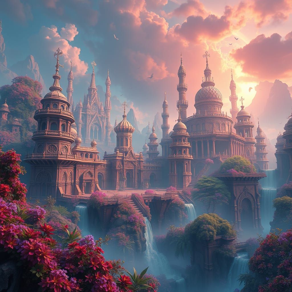 Ethereal Mystical Realm with Intricate Architecture and Vibr...