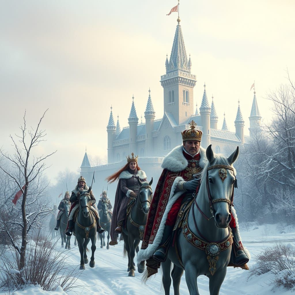 Winter Royalty Approaches Majestic Fairytale Castle
