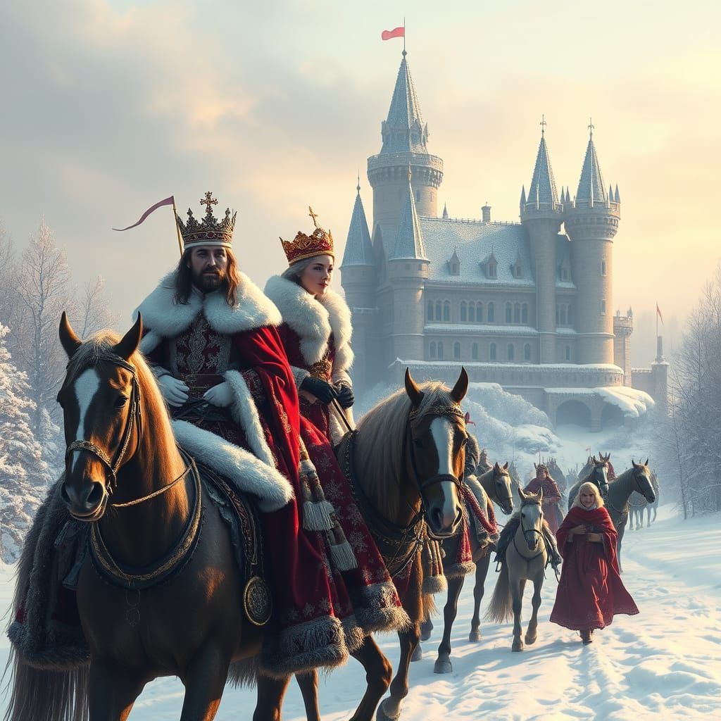 Regal King and Queen Ride Through Snowy Winter Wonderland