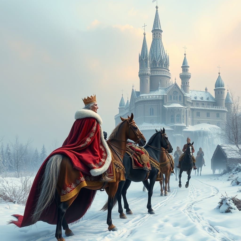 Winter Royal Procession Approaches Enchanted Castle in Frost...