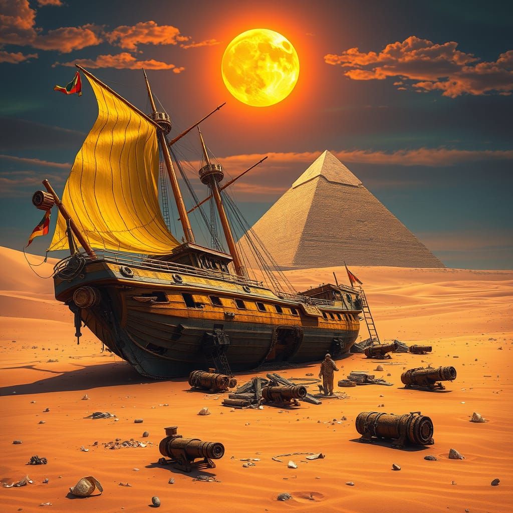Golden Pirate Ship Shipwrecked in Desert with Ancient Pyrami...