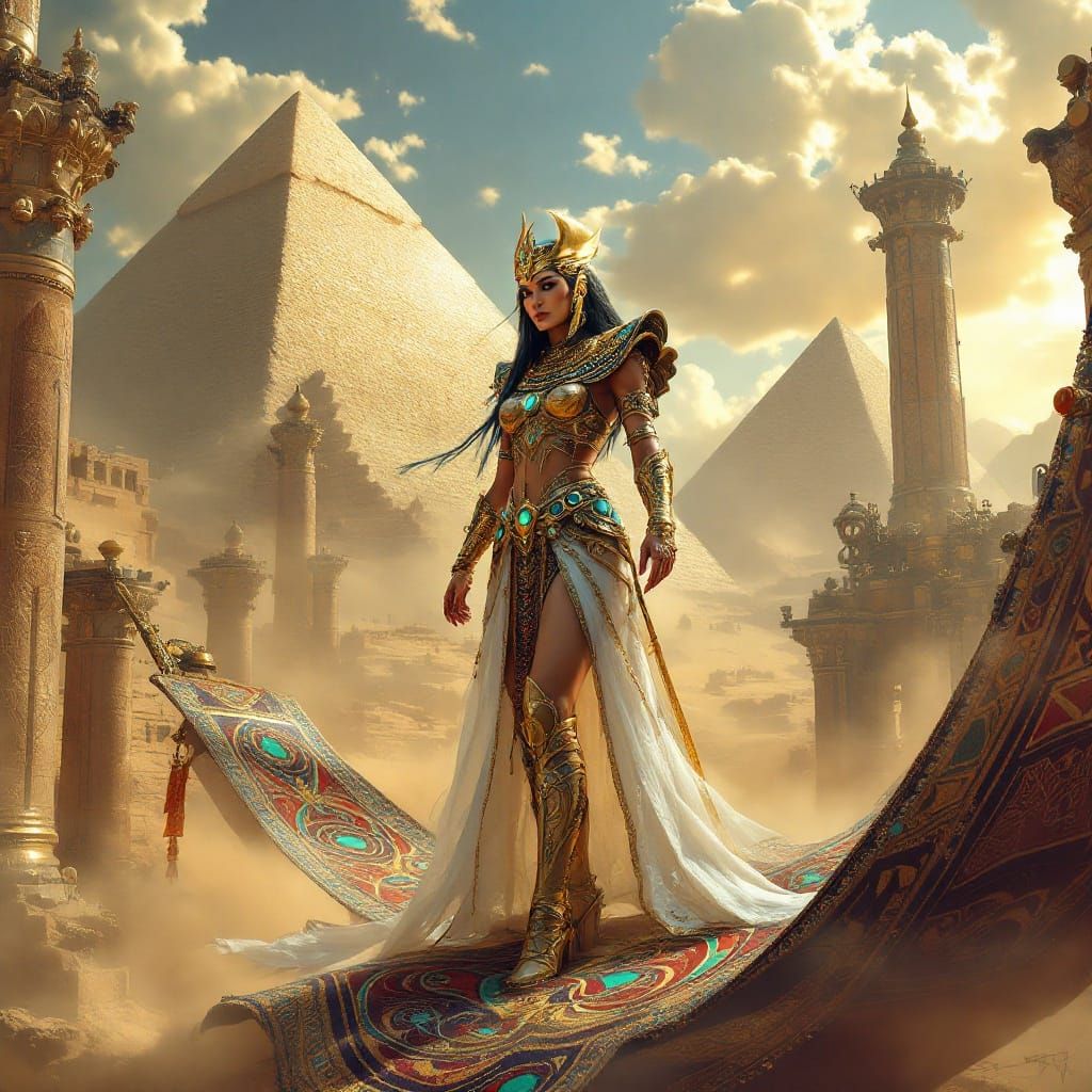 Steampunk Egyptian Goddess on a Majestic Flying Carpet