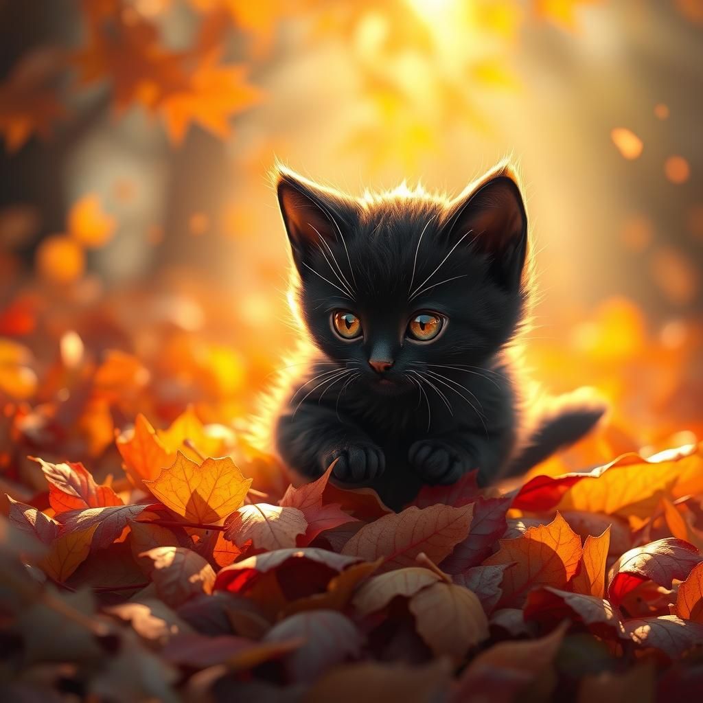 Black Kitten Playing in Autumn Leaves: Anime Art