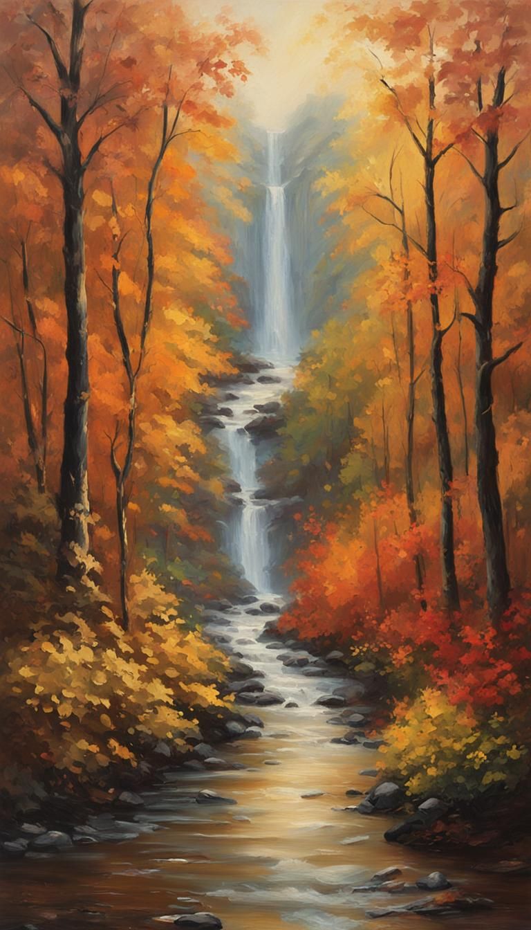 Autumn Waterfall Landscape in Impressionist Oil Painting