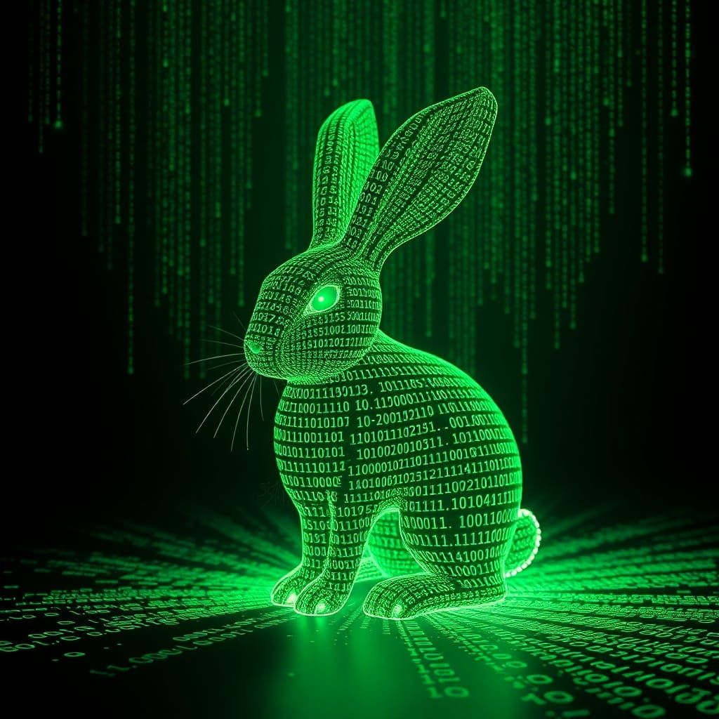 Matrix Bunny Made of Binary Code in Dramatic Light