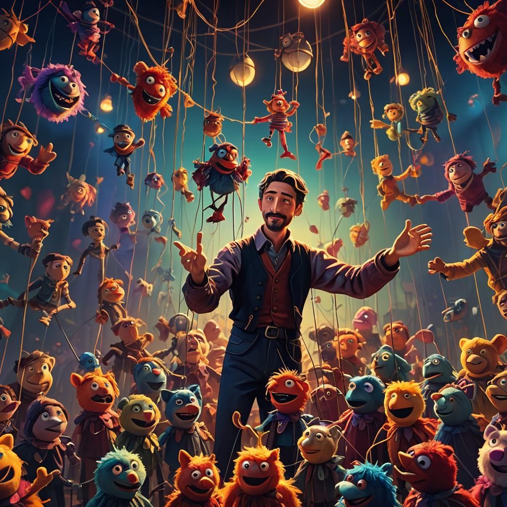 Puppeteer Surrounded by Puppets in 3D Digital Art