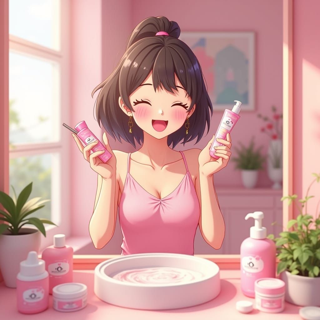 Enthusiastic Woman's Silly Skincare Routine in Anime Style