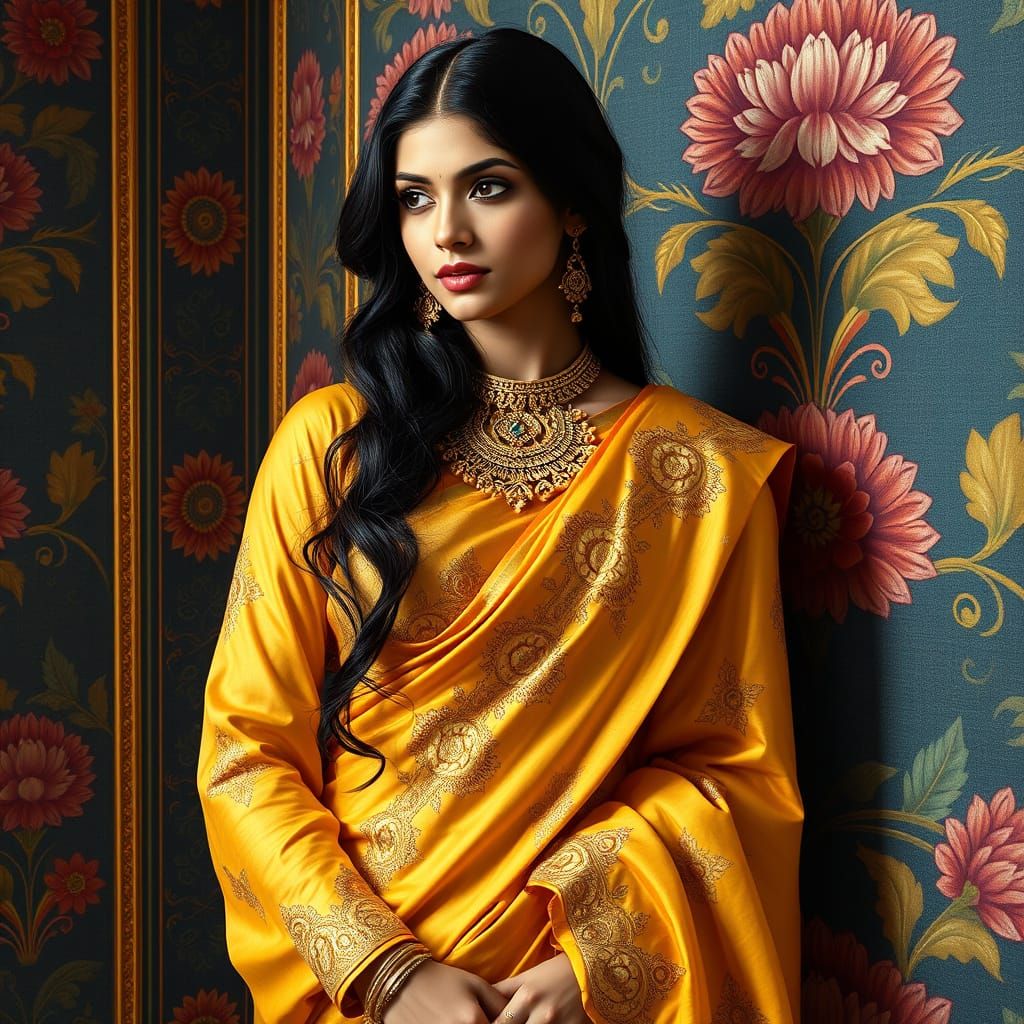 Elegant Woman in Golden Saree, Indian-Inspired Art