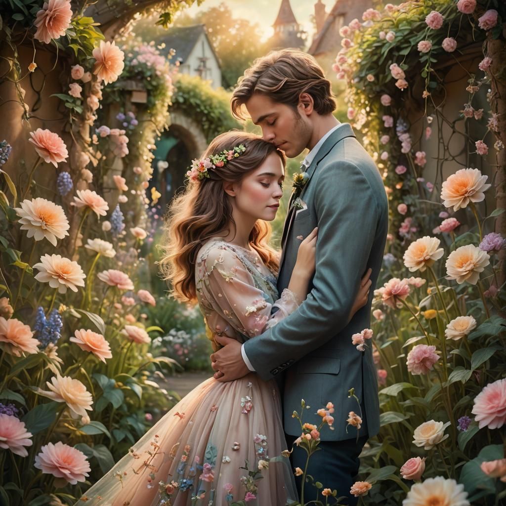Romantic Couple Embrace in Flower Garden, Cinematic Style