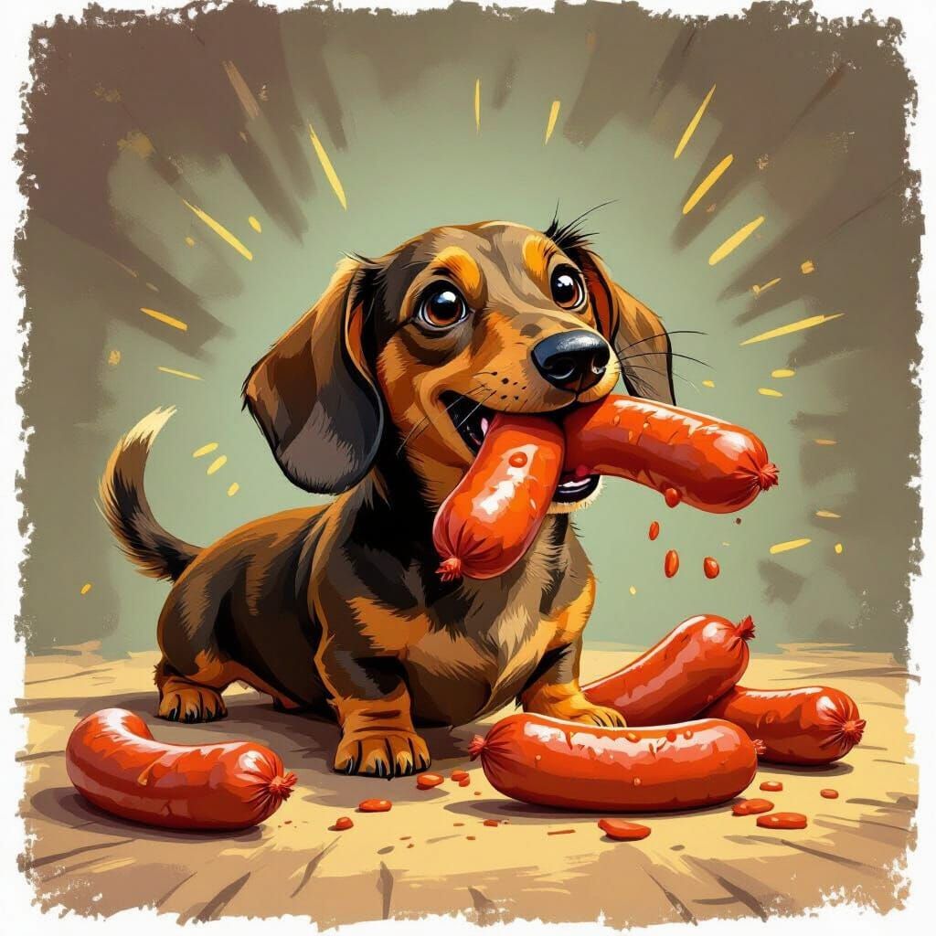 Dachshund Joyfully Eats Giant Sausages in Playful Illustrati...