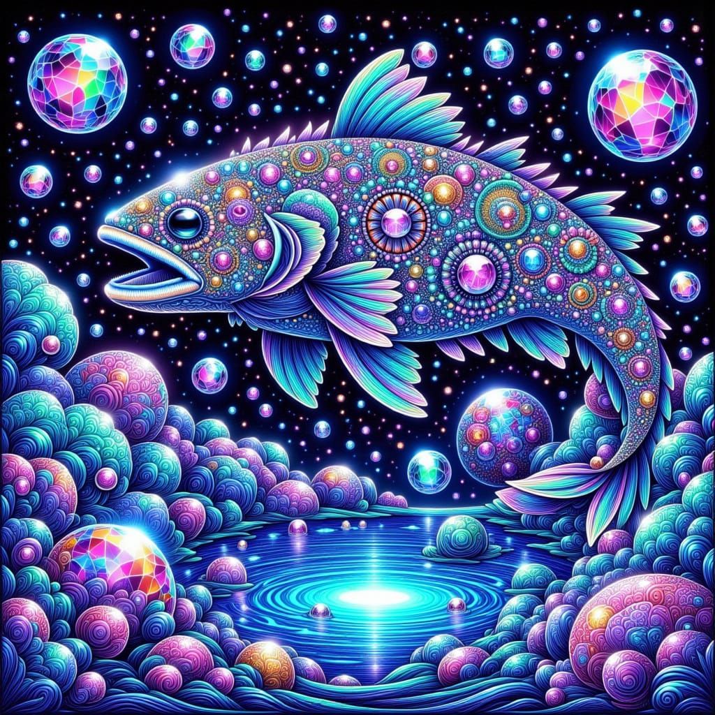 Wise Salmon in Well of Knowledge Alcohol Ink Illustration