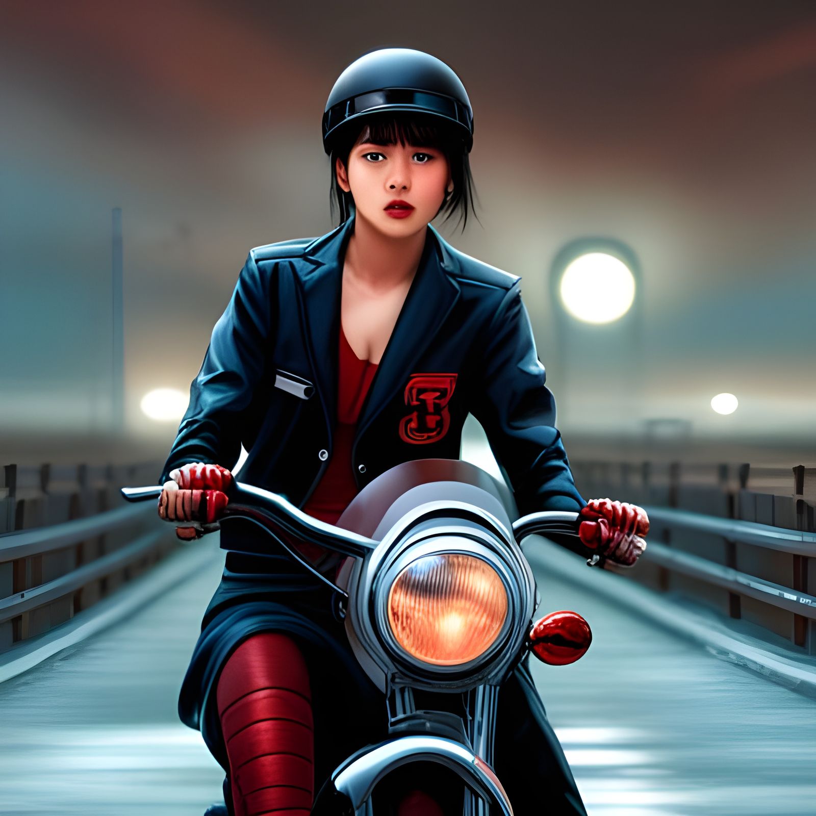 Intimidating Sukeban on Japanese Motorcycle, Photorealistic