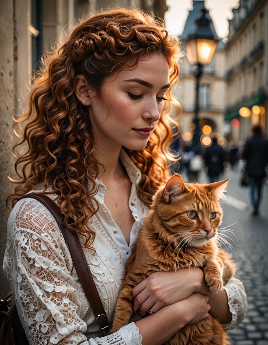 French Maiden and Ginger Cat in Parisian Light