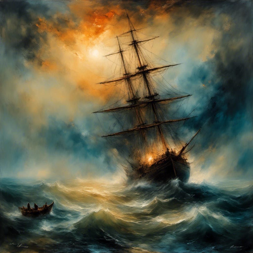 Romantic Seascape of Ship at Harbor in Golden Light