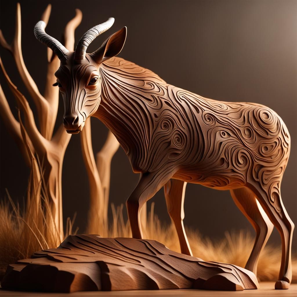 Stunning Wood Carving of an Impala on the Savanna