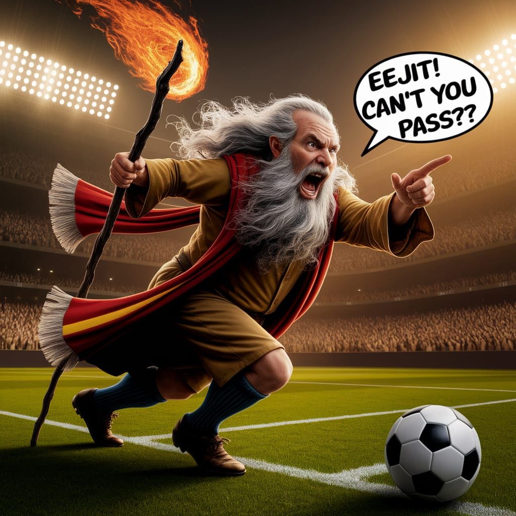 Gandalf in a Vibrant Soccer Stadium Scene