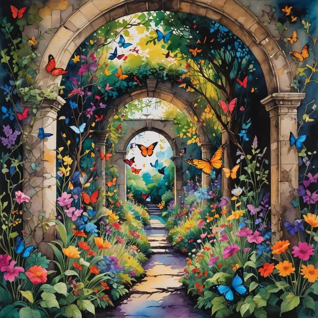 Vibrant Garden Through Archway in Alcohol Inks