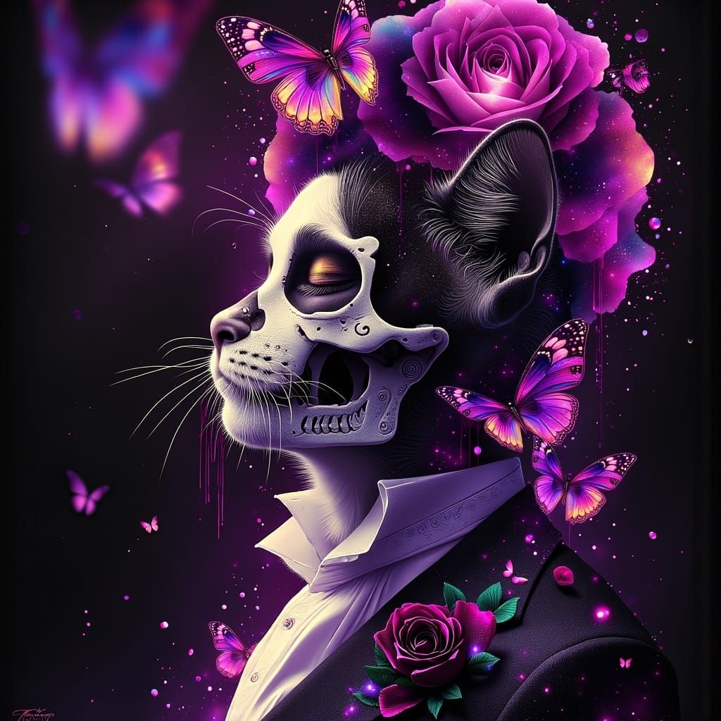 Surrealist Double Exposure of Tuxedo Cat and Sugar Skull