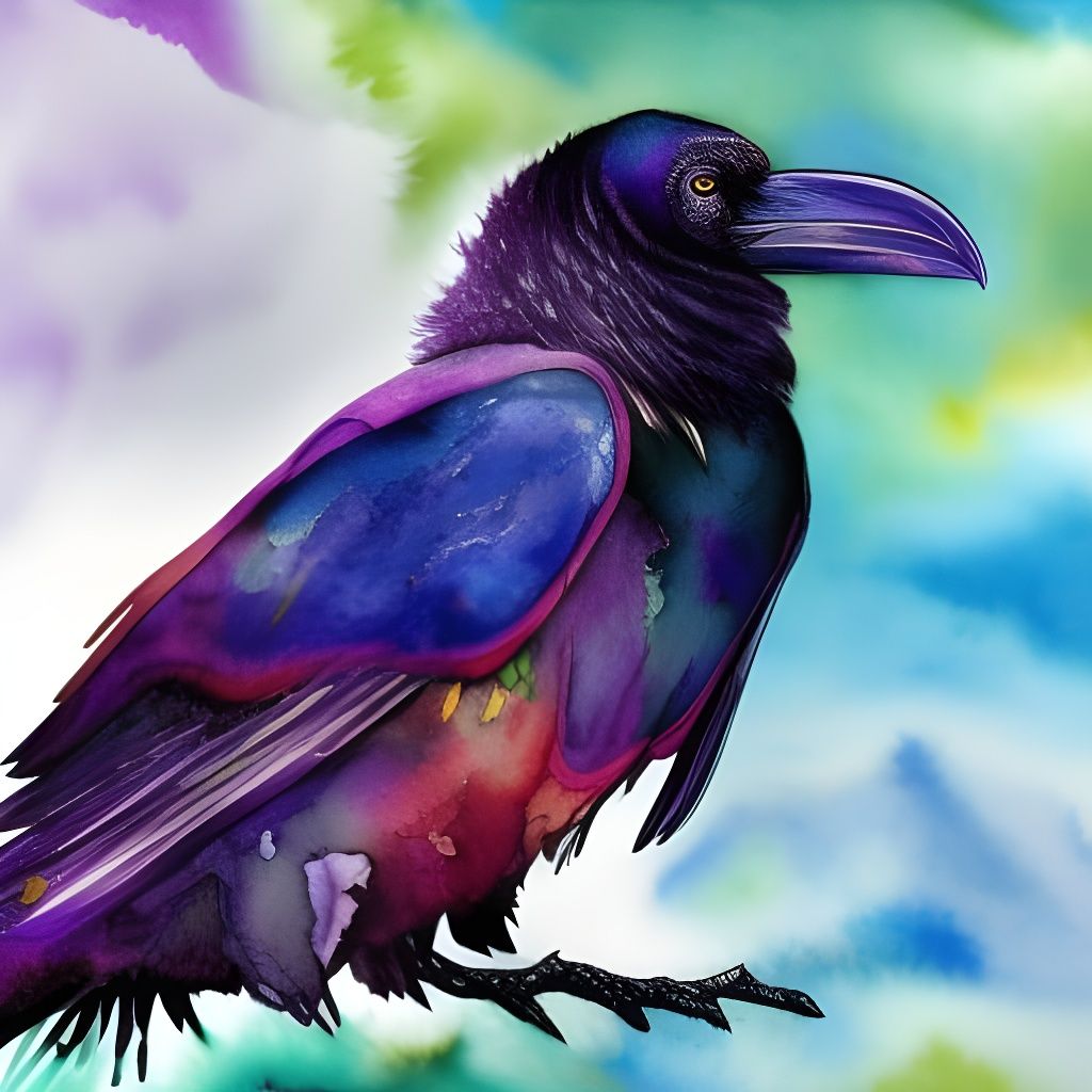 Surreal Raven Moonscape Watercolor Painting