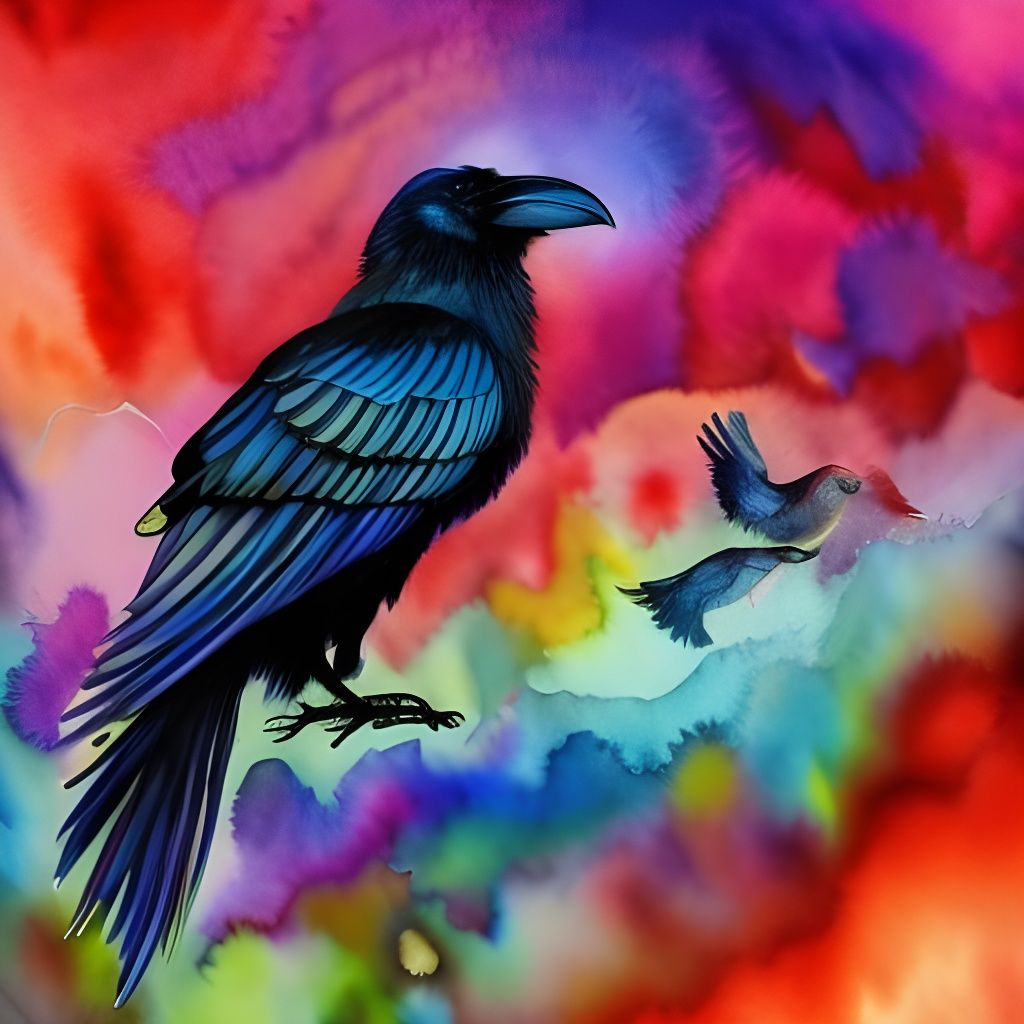 Surreal Raven Watercolor Painting in Deep Colors
