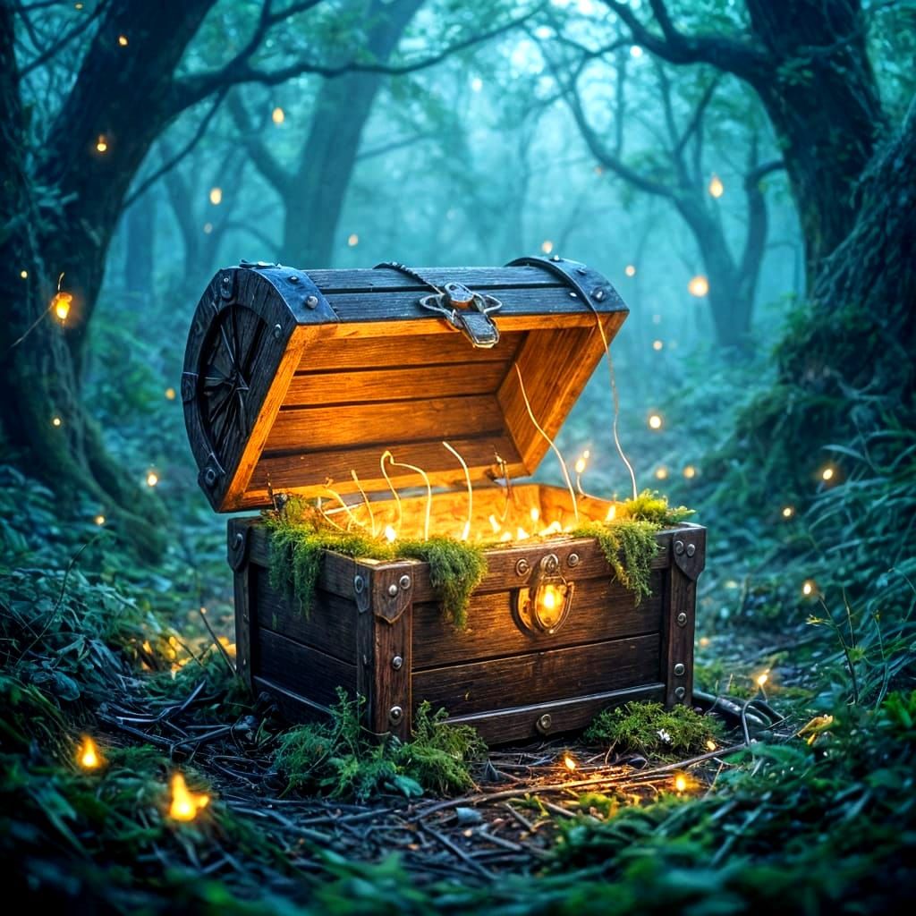 Enchanted Treasure Chest in Bioluminescent Forest