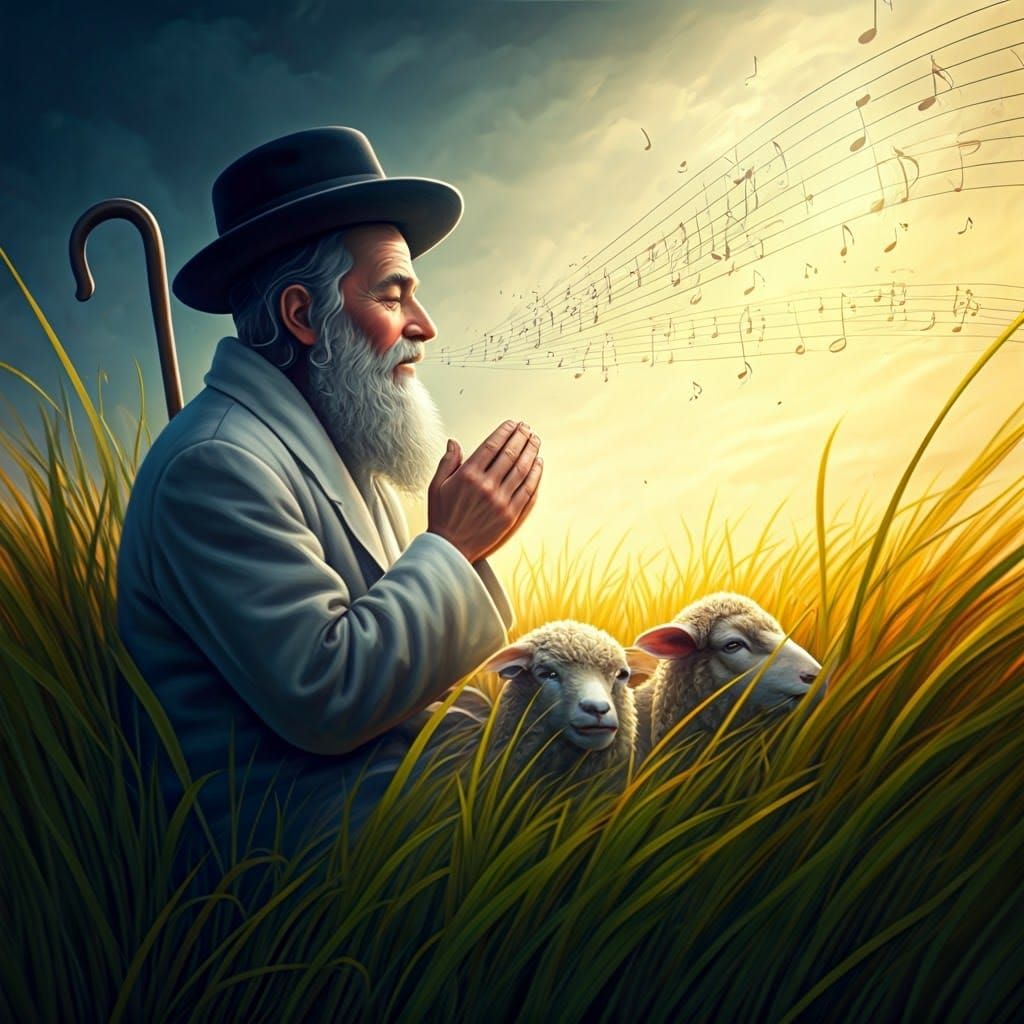 Hasidic Jew's Musical Prayer in Hyperrealistic Meadow