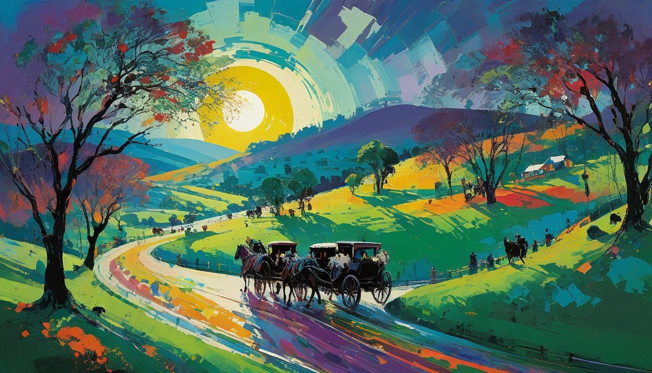 Vibrant Spring Landscape with Horses and Carriages in Leroy ...