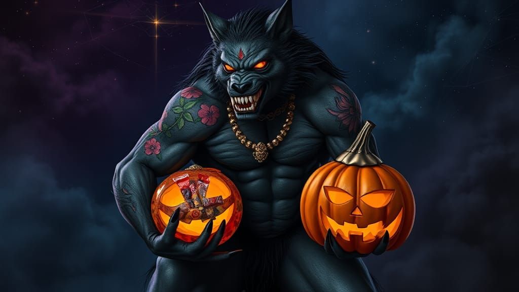 Whimsical Werewolf in High Heels with Pumpkin