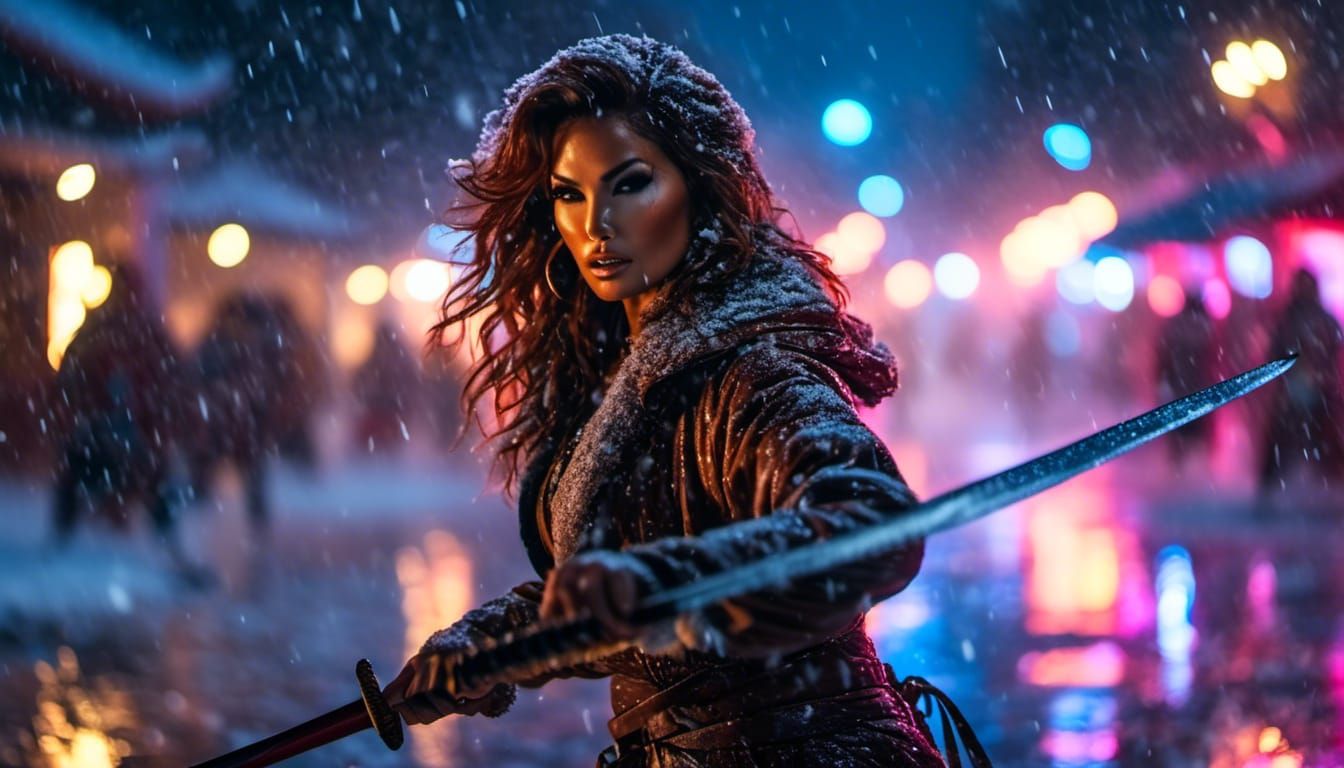 Neonpunk Raquel Welch Snow Battle in Cyberpunk City