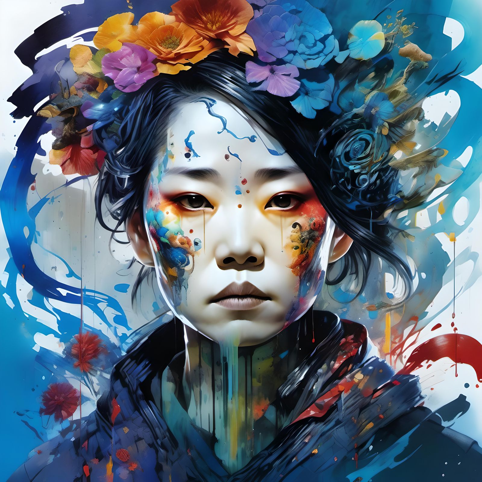 Exploding Mind: Colorful Ink Portrait in Gouache Style