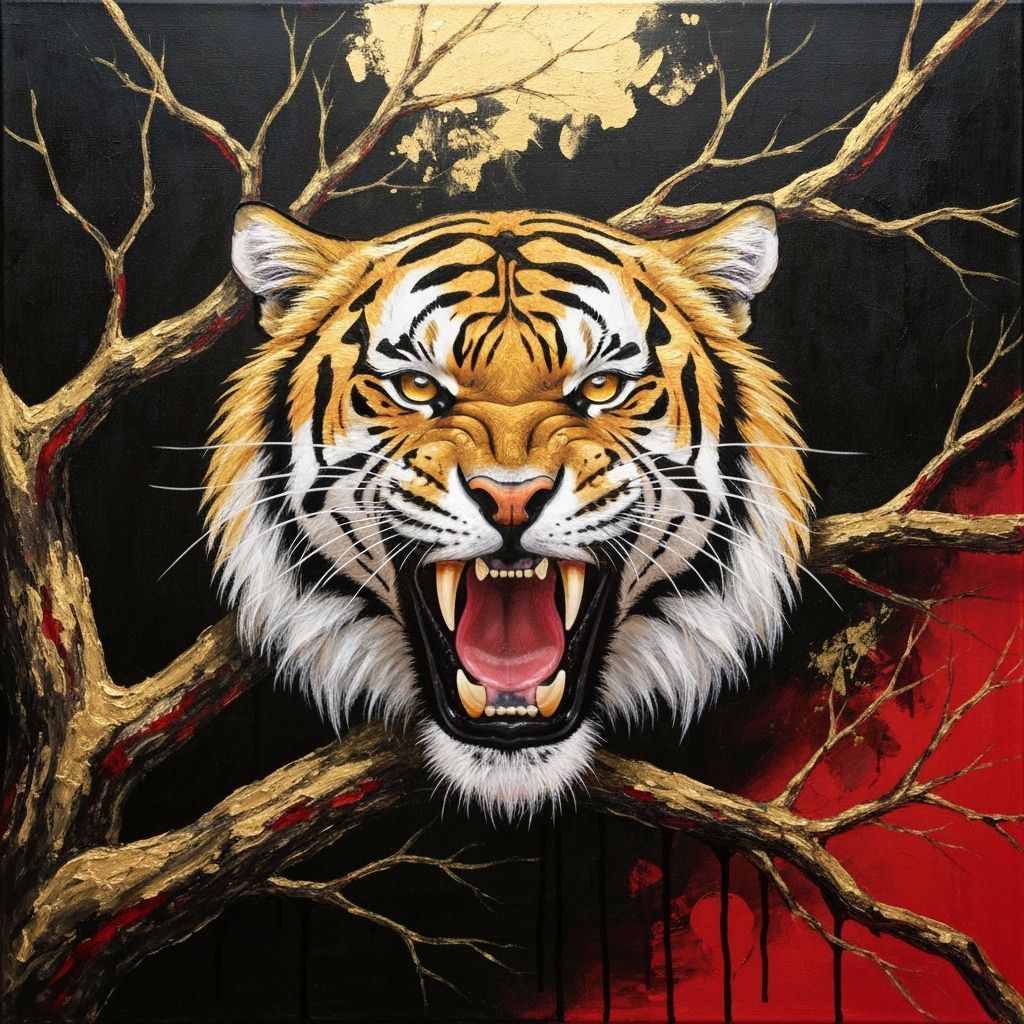 Golden Tiger Emerges from Abstract Expressionist Canvas