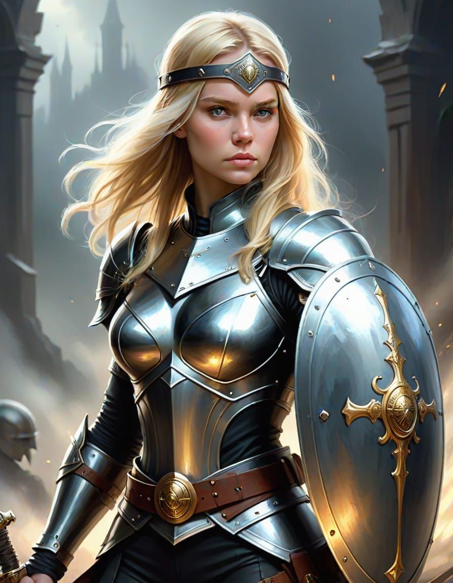 Ethereal Blonde Warrior with Sword and Shield