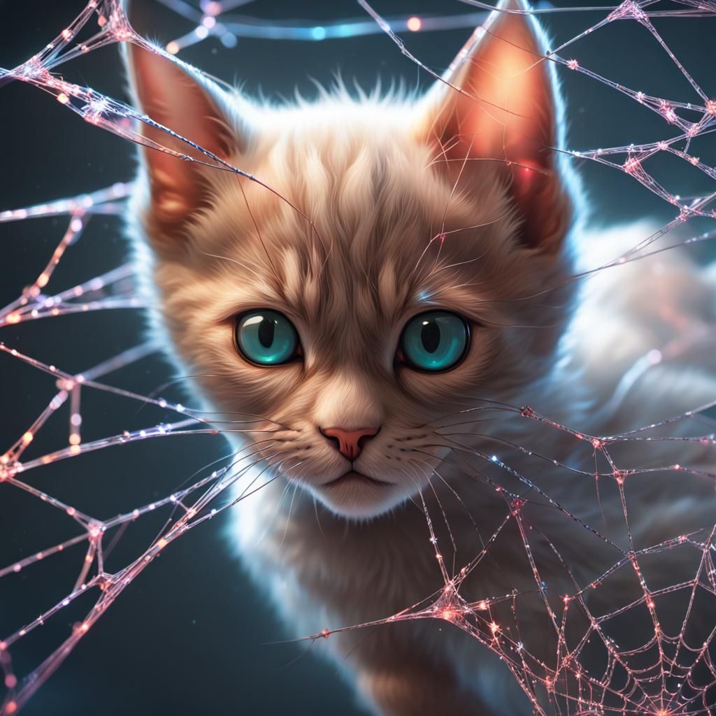 Kitten Jumps Through Sparkling Spiderweb, Hyperdetailed Port...