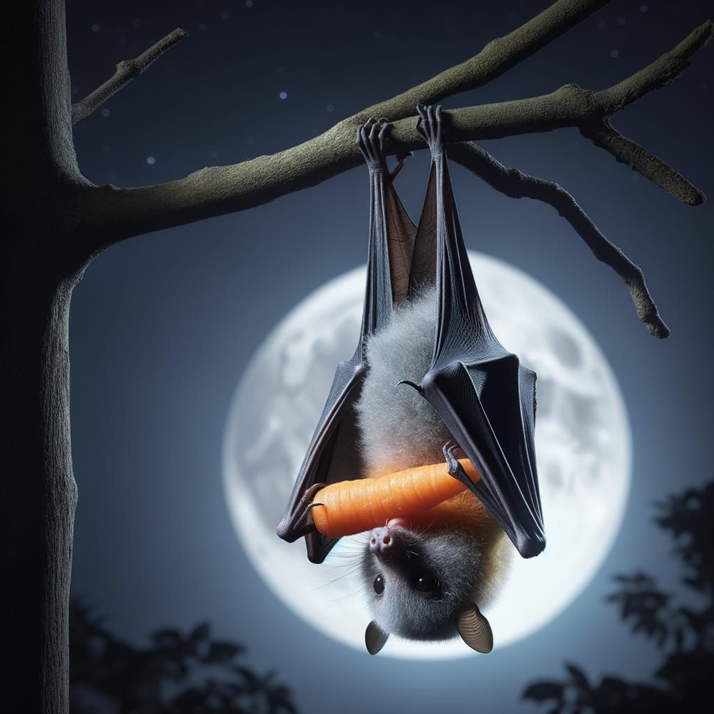 Bat Eating Carrot Under Moonlight