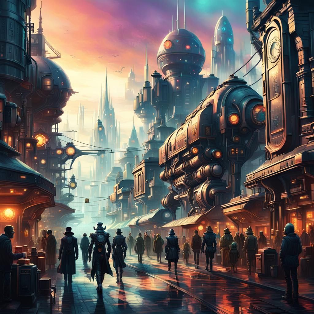 Steampunk Robots in a British Cityscape