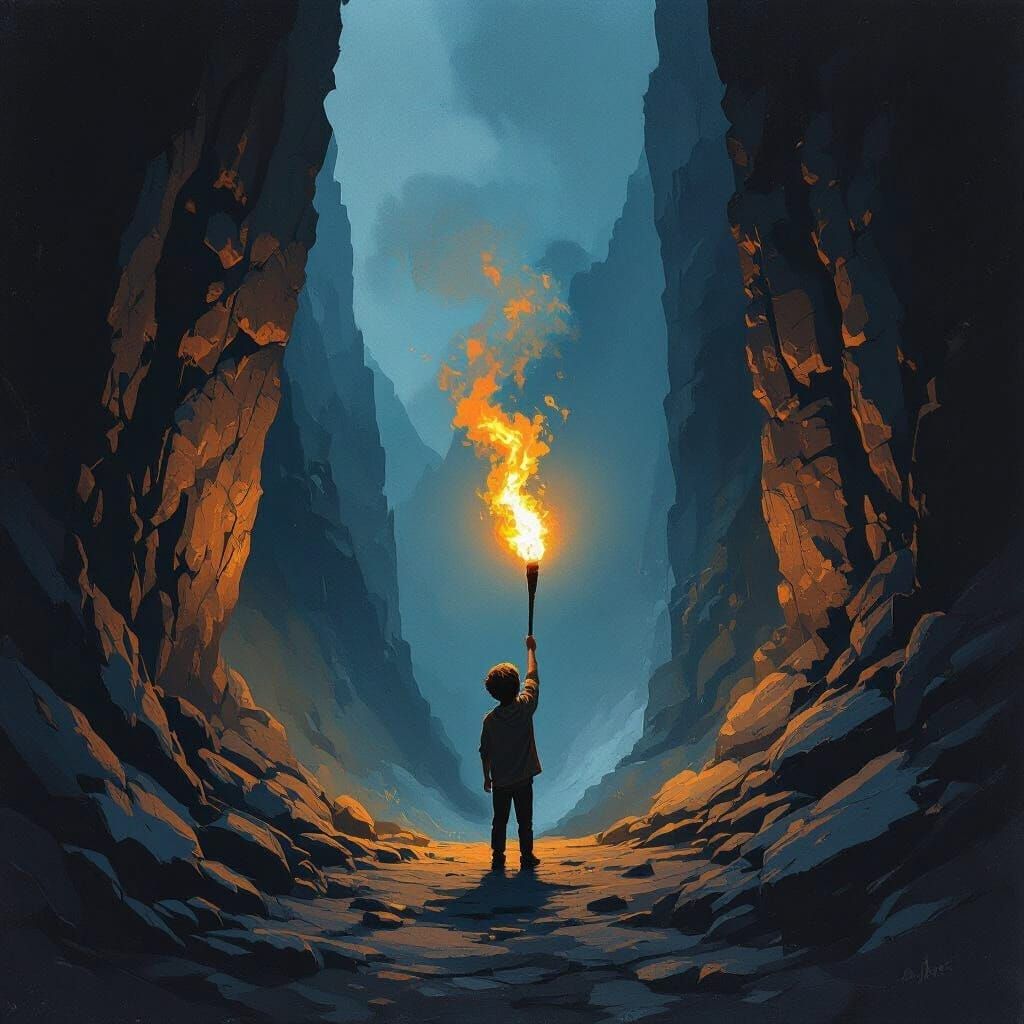 Boy with Torch in Dark Ravine
