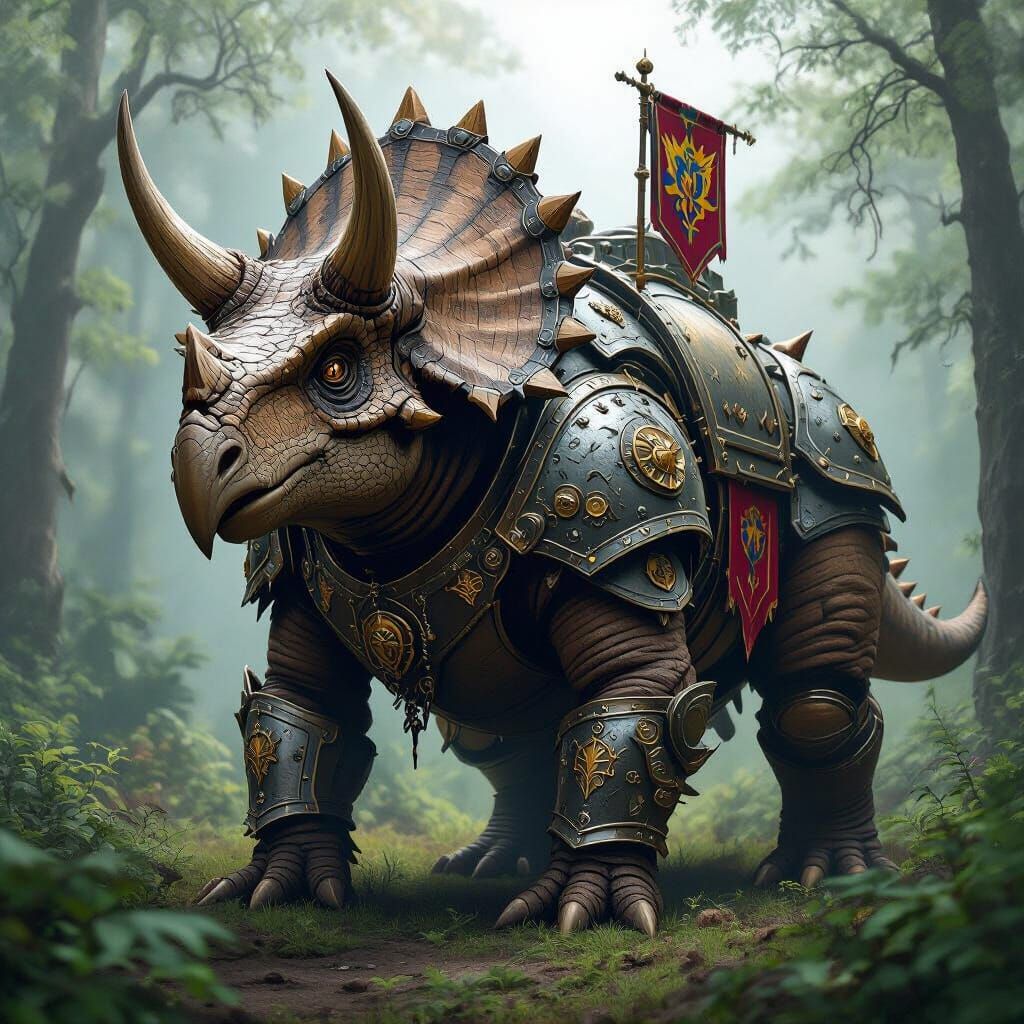 Armored Triceratops in Misty Forest, Fantasy Art